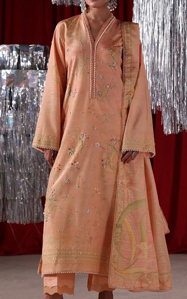 Rang Rasiya Peach Raw Silk Suit | Pakistani Embroidered Chiffon Dresses USA- Image 1