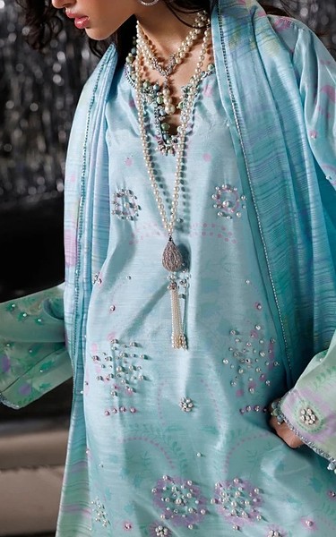 Rang Rasiya Sky Blue Raw Silk Suit | Pakistani Embroidered Chiffon Dresses USA- Image 2