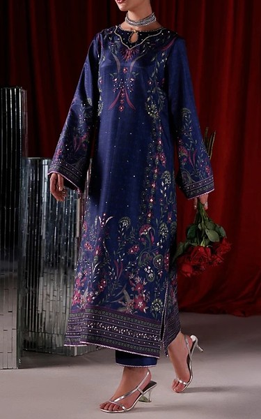 Rang Rasiya Navy Blue Raw Silk Suit | Pakistani Embroidered Chiffon Dresses USA- Image 1