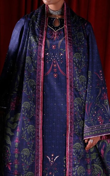 Rang Rasiya Navy Blue Raw Silk Suit | Pakistani Embroidered Chiffon Dresses USA- Image 2