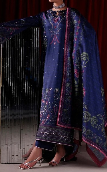 Rang Rasiya Navy Blue Raw Silk Suit | Pakistani Embroidered Chiffon Dresses USA- Image 3