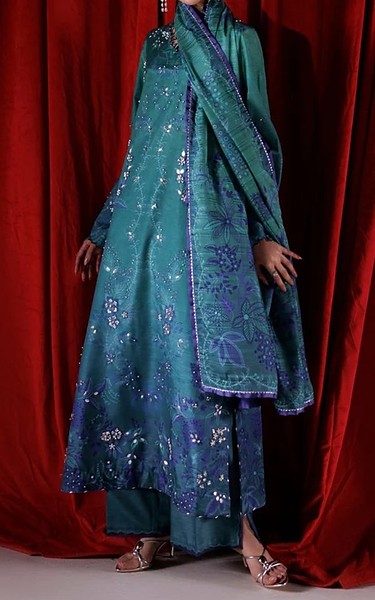 Rang Rasiya Teal Raw Silk Suit | Pakistani Embroidered Chiffon Dresses USA- Image 1