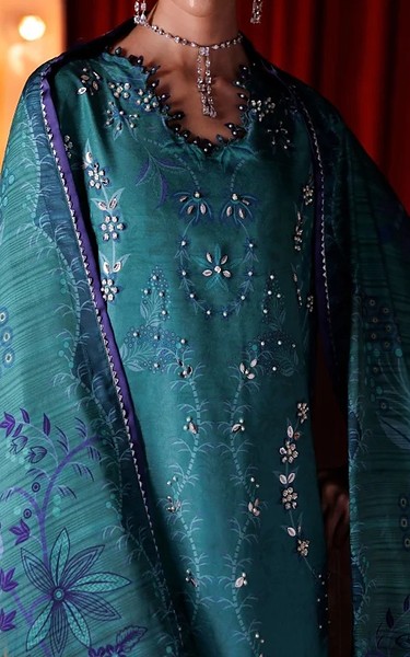 Rang Rasiya Teal Raw Silk Suit | Pakistani Embroidered Chiffon Dresses USA- Image 2