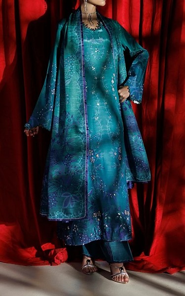 Rang Rasiya Teal Raw Silk Suit | Pakistani Embroidered Chiffon Dresses USA- Image 3