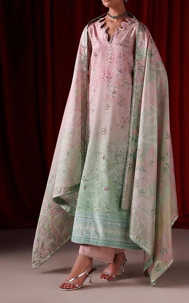 Rang Rasiya Faded Pink/Summer Green Raw Silk Suit | Pakistani Embroidered Chiffon Dresses USA- Image 1