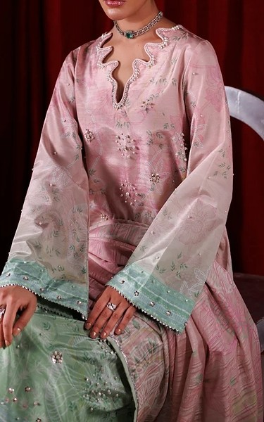 Rang Rasiya Faded Pink/Summer Green Raw Silk Suit | Pakistani Embroidered Chiffon Dresses USA- Image 2