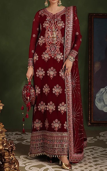 Roheenaz Maroon Chiffon Suit | Pakistani Embroidered Chiffon Dresses USA- Image 1
