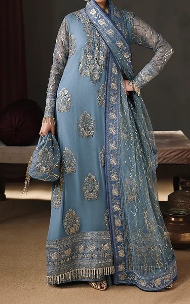 Roheenaz Moonstone Blue Chiffon Suit | Pakistani Embroidered Chiffon Dresses USA- Image 1