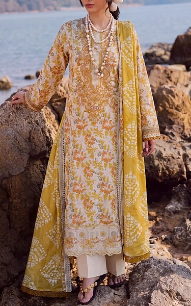 Safwa White/Yellow Viscose Suit | Pakistani Winter Dresses in USA- Image 1