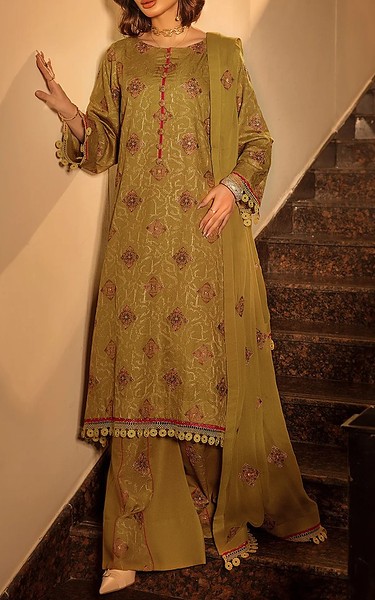 Safwa Olive Karandi Suit | Pakistani Winter Dresses in USA- Image 1