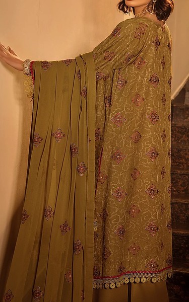Safwa Olive Karandi Suit | Pakistani Winter Dresses in USA- Image 2