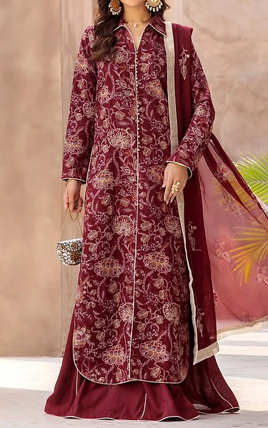 Safwa Wine Karandi Suit | Pakistani Winter Dresses in USA- Image 1