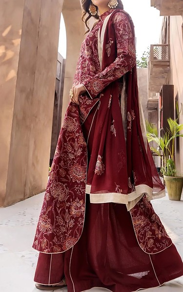 Safwa Wine Karandi Suit | Pakistani Winter Dresses in USA- Image 2