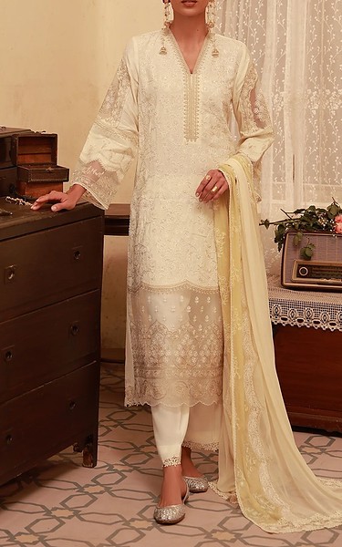 Sahar Off-white Raw Silk Suit | Pakistani Embroidered Chiffon Dresses USA- Image 1