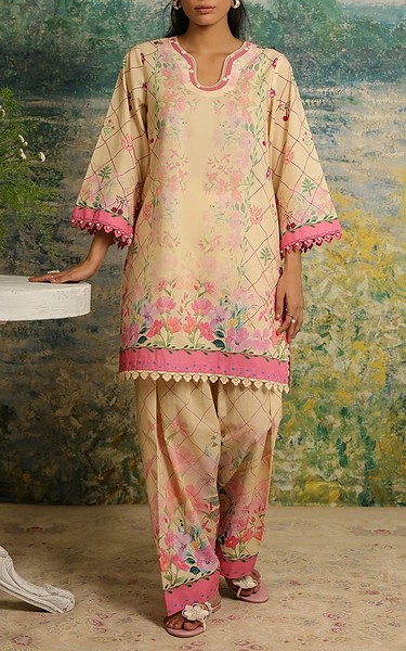 Sahar Beige Cambric Suit (2 Pcs) | Pakistani Lawn Dress in USA- Image 1