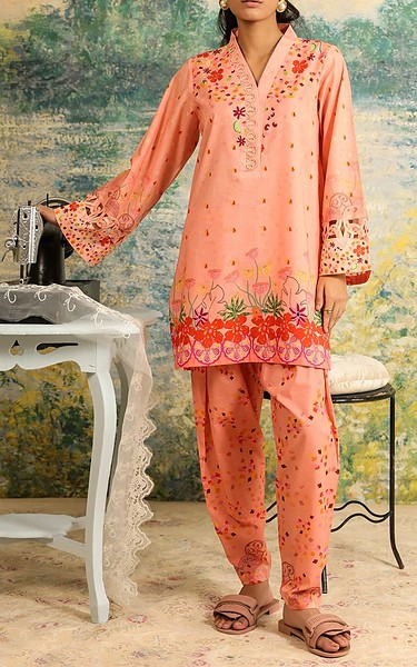 Sahar Peach Cambric Suit (2 Pcs) | Pakistani Lawn Dress in USA- Image 1