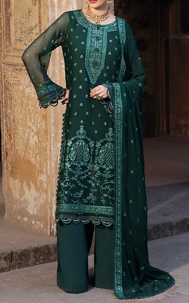 Sifa Dark Green Chiffon Suit | Pakistani Embroidered Chiffon Dresses USA- Image 1