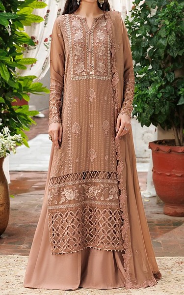 Sifa Tan Chiffon Suit | Pakistani Embroidered Chiffon Dresses USA- Image 1