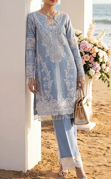 Threads and Motifs Cornflower Blue Cotton Suit | Pakistani Lawn Dress in USA- Image 2