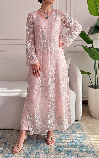 Threads and Motifs Blush Pink Net Suit | Pakistani Embroidered Chiffon Dresses USA- Image 1
