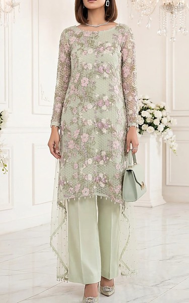 Threads and Motifs Light Green Net Suit | Pakistani Embroidered Chiffon Dresses USA- Image 1