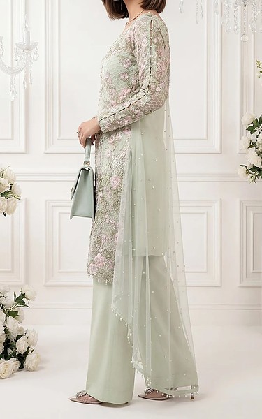 Threads and Motifs Light Green Net Suit | Pakistani Embroidered Chiffon Dresses USA- Image 3