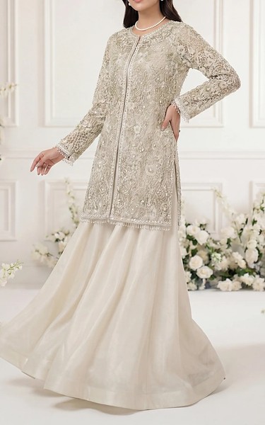 Threads and Motifs Off-white Organza Suit | Pakistani Embroidered Chiffon Dresses USA- Image 1