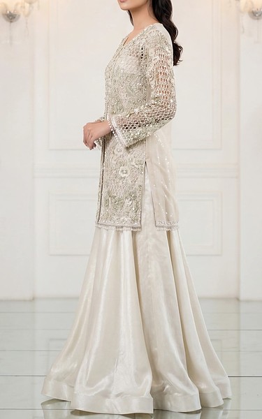 Threads and Motifs Off-white Organza Suit | Pakistani Embroidered Chiffon Dresses USA- Image 2