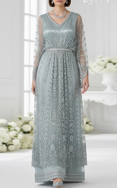 Threads and Motifs Grey Net Suit | Pakistani Embroidered Chiffon Dresses USA- Image 1