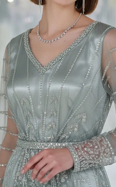 Threads and Motifs Grey Net Suit | Pakistani Embroidered Chiffon Dresses USA- Image 2