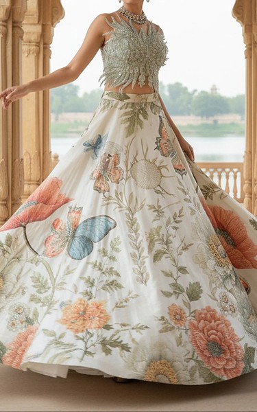 Threads and Motifs Ivory/Green Organza Suit | Pakistani Embroidered Chiffon Dresses USA- Image 1