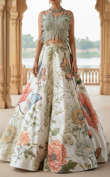 Threads and Motifs Ivory/Green Organza Suit | Pakistani Embroidered Chiffon Dresses USA- Image 2