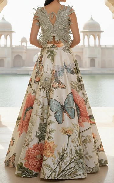 Threads and Motifs Ivory/Green Organza Suit | Pakistani Embroidered Chiffon Dresses USA- Image 3