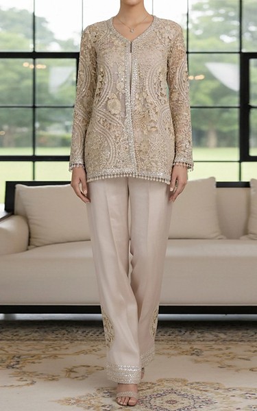 Threads and Motifs Ivory Net Suit | Pakistani Embroidered Chiffon Dresses USA- Image 1