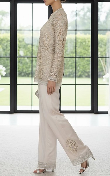 Threads and Motifs Ivory Net Suit | Pakistani Embroidered Chiffon Dresses USA- Image 2