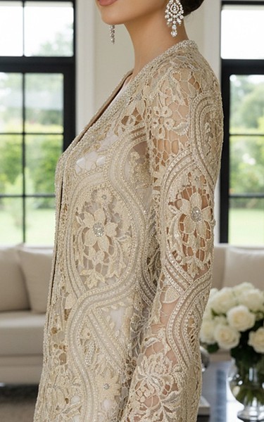 Threads and Motifs Ivory Net Suit | Pakistani Embroidered Chiffon Dresses USA- Image 3