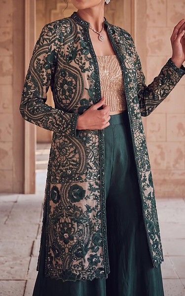 Threads and Motifs Bottle Green Masoori Suit | Pakistani Embroidered Chiffon Dresses USA- Image 1