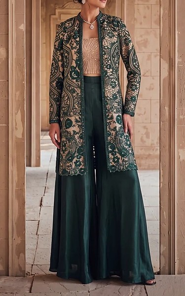 Threads and Motifs Bottle Green Masoori Suit | Pakistani Embroidered Chiffon Dresses USA- Image 2