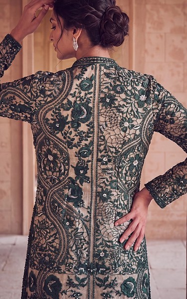 Threads and Motifs Bottle Green Masoori Suit | Pakistani Embroidered Chiffon Dresses USA- Image 3
