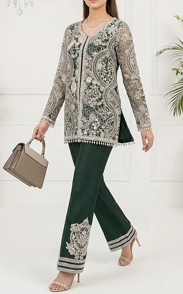 Threads and Motifs Green Net Suit | Pakistani Embroidered Chiffon Dresses USA- Image 1