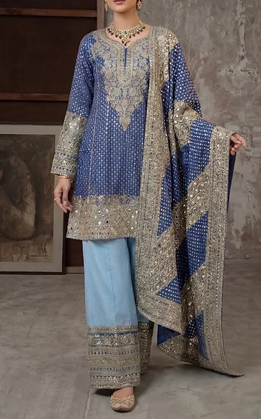 Threads and Motifs Blue Chiffon Suit | Pakistani Embroidered Chiffon Dresses USA- Image 2