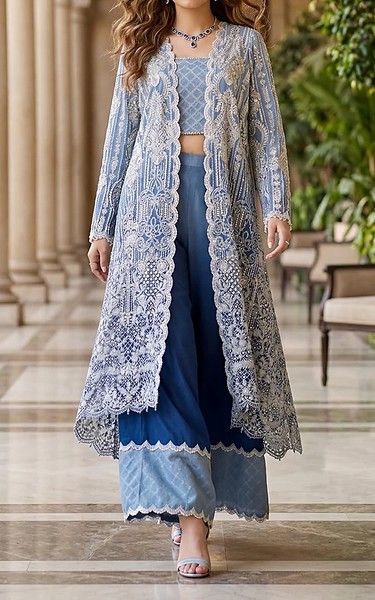Threads and Motifs Blue Net Suit | Pakistani Embroidered Chiffon Dresses USA- Image 1