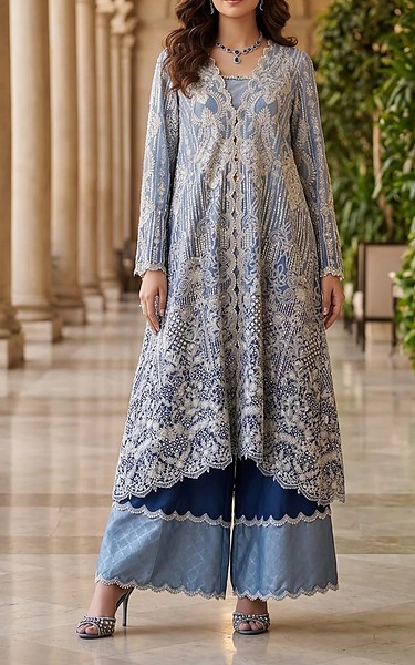 Threads and Motifs Blue Net Suit | Pakistani Embroidered Chiffon Dresses USA- Image 2