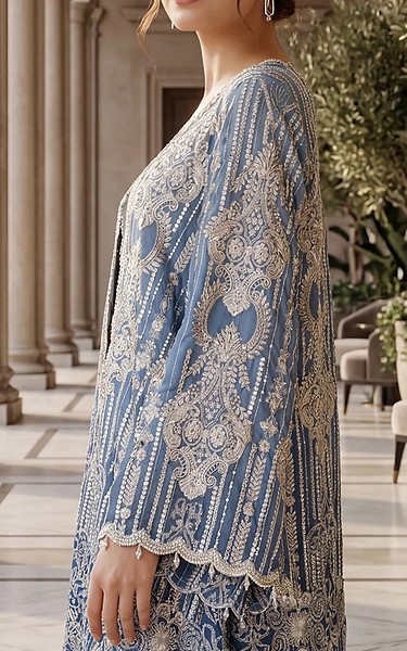 Threads and Motifs Blue Net Suit | Pakistani Embroidered Chiffon Dresses USA- Image 3