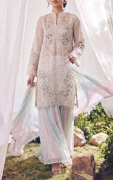Threads and Motifs Ivory Net Suit | Pakistani Embroidered Chiffon Dresses USA- Image 1