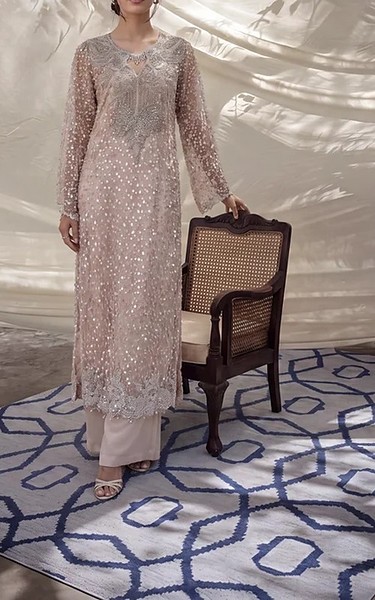 Threads and Motifs Peach Silk Suit | Pakistani Embroidered Chiffon Dresses USA- Image 2