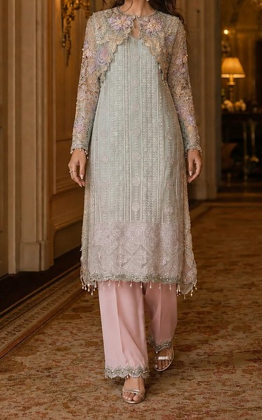 Threads and Motifs Light Grey Net Suit | Pakistani Embroidered Chiffon Dresses USA- Image 1