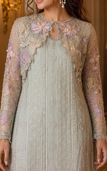 Threads and Motifs Light Grey Net Suit | Pakistani Embroidered Chiffon Dresses USA- Image 2