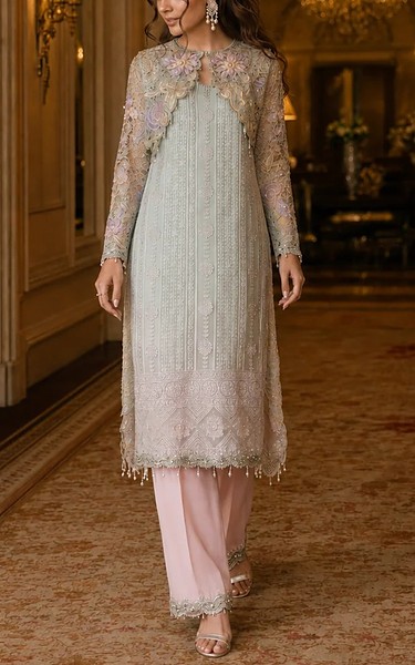 Threads and Motifs Light Grey Net Suit | Pakistani Embroidered Chiffon Dresses USA- Image 3