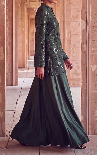 Threads and Motifs Green Silk Suit | Pakistani Embroidered Chiffon Dresses USA- Image 1